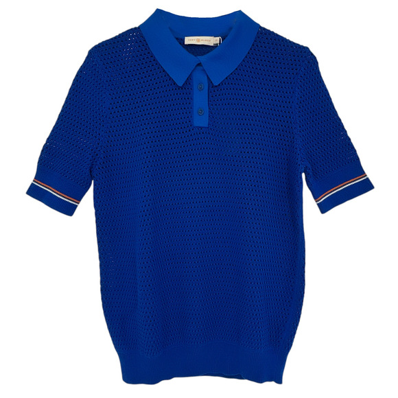 TORY BURCH Mesh Polo Sweater in Bondi Blue L - Picture 1 of 9